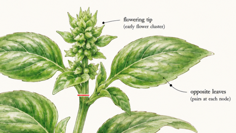Pinching the top node of a basil plant